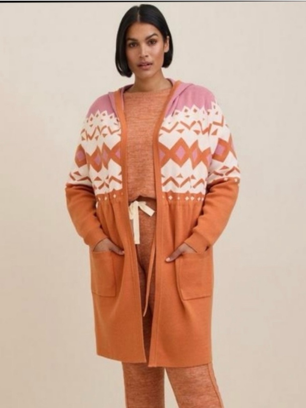 torrid Hooded Fair Isle Cardigan in Orange, Pink & Cream - Picture 3 of 3